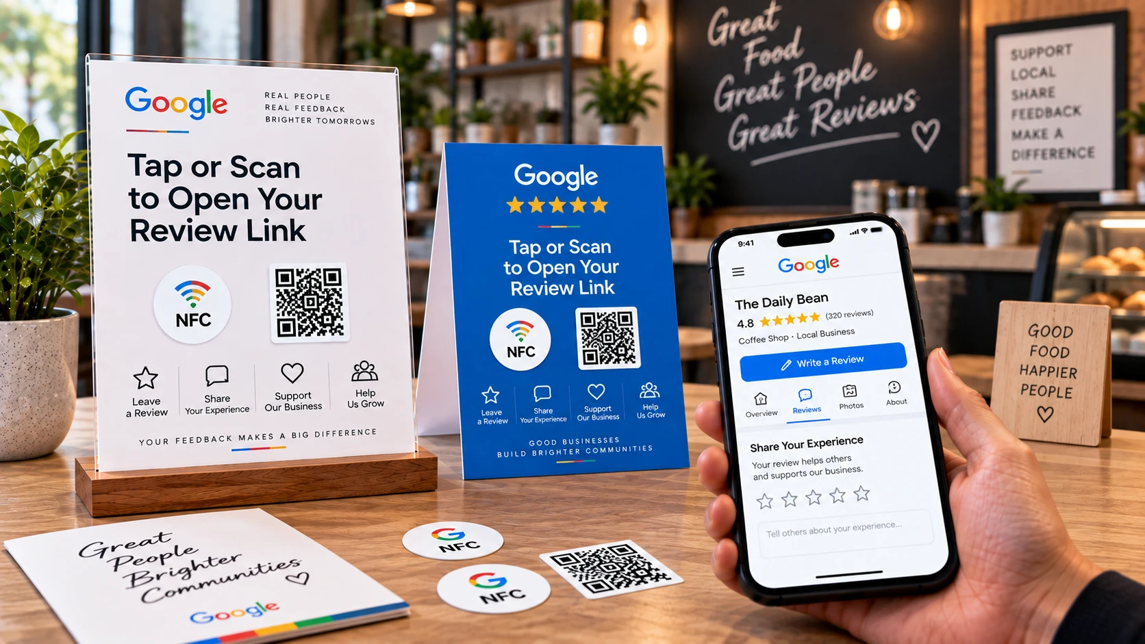 NFC- ja QR-tarrat Google-arvosteluihin: Napauta tai skannaa avataksesi arvostelulinkin