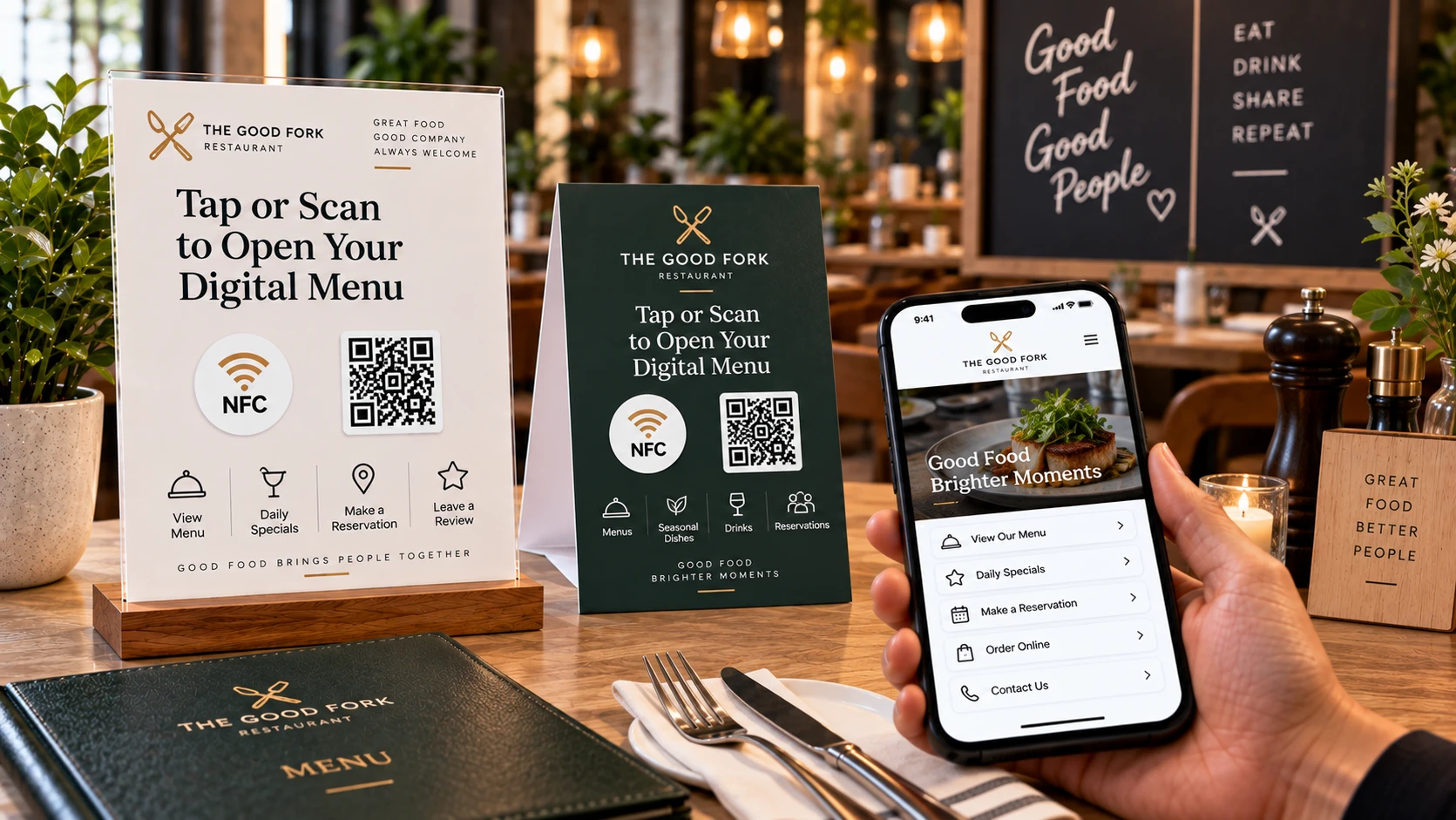 NFC- ja QR-tarrat ravintolamenuun: Napauta tai skannaa avataksesi digitaalisen ruokalistan