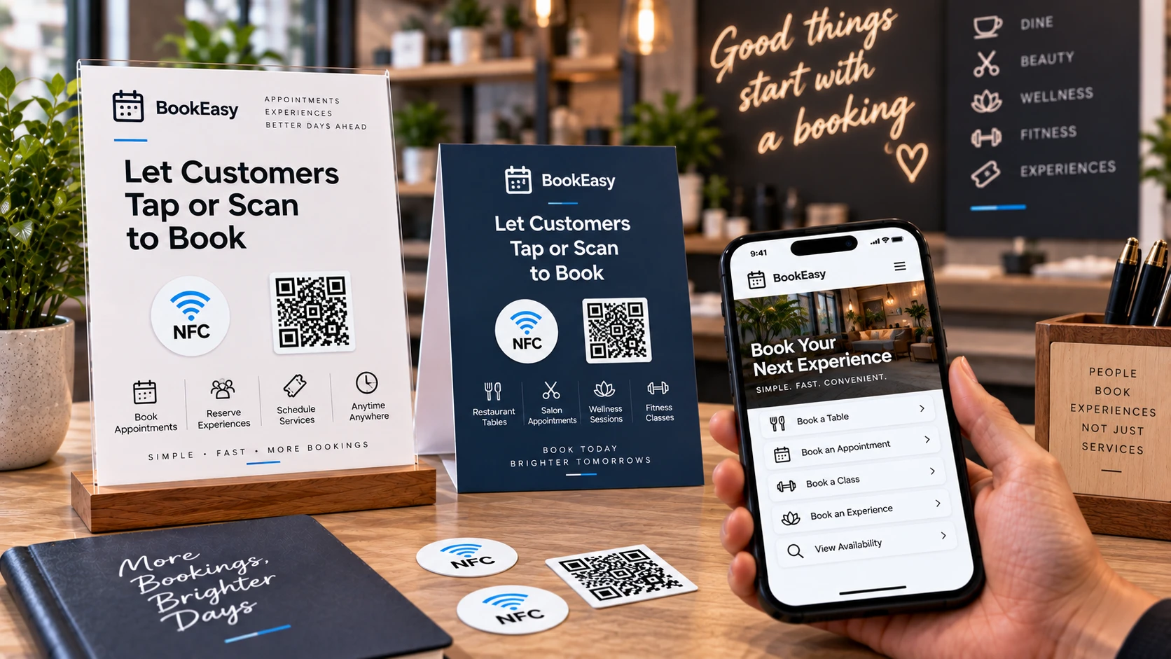 NFC- ja QR-tarrat varauslinkkeihin: Anna asiakkaiden varata napauttamalla tai skannaamalla