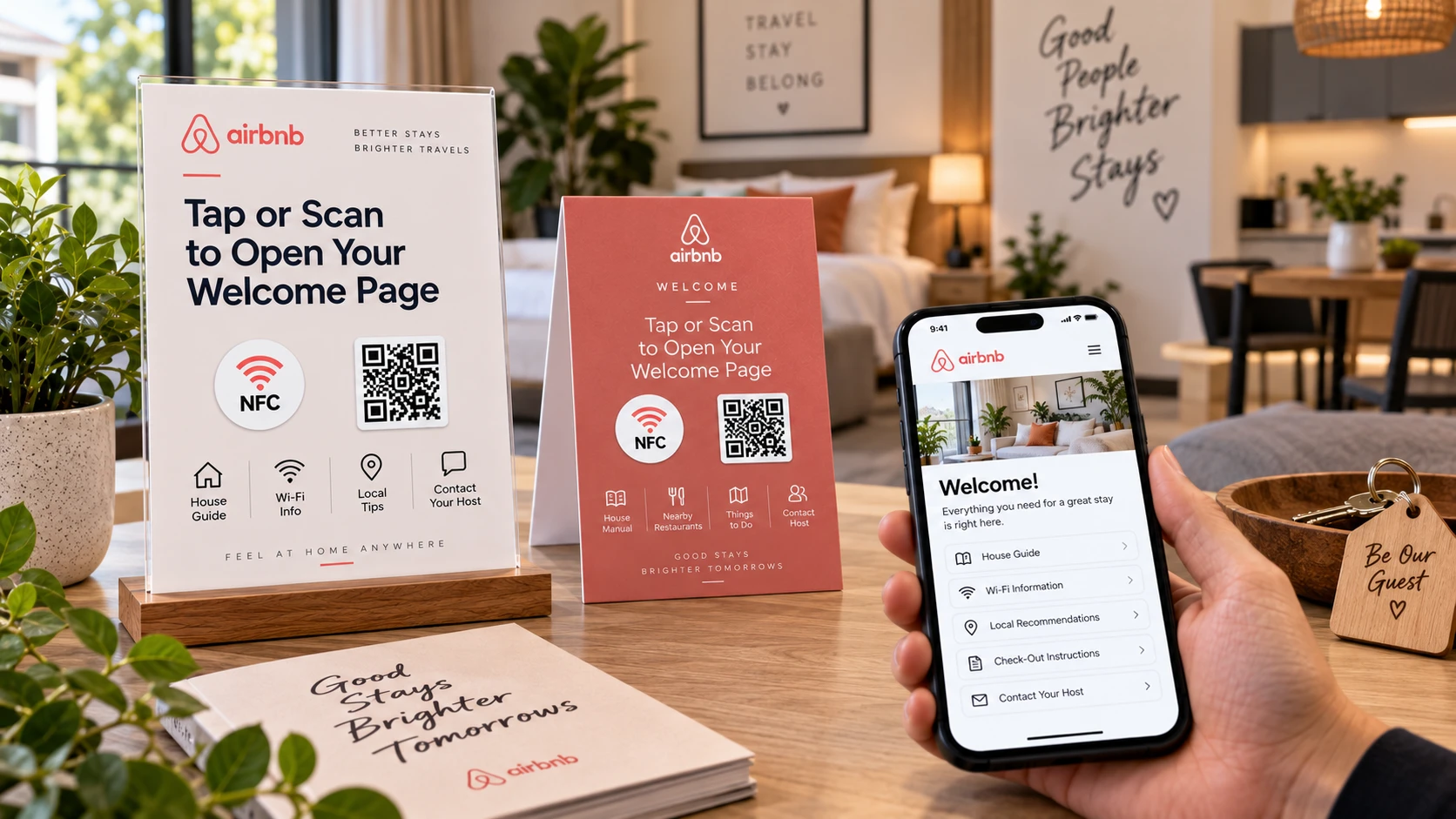 NFC- ja QR-tarrat Airbnb-vierasoppaisiin: Napauta tai skannaa avataksesi tervetulosivun