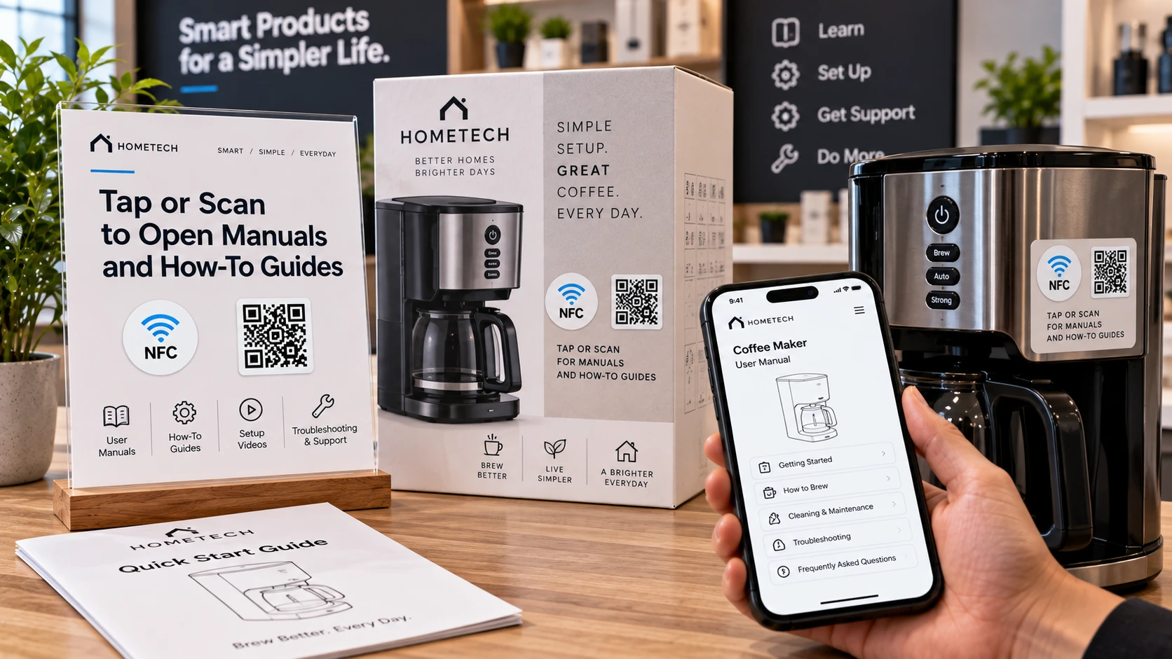 NFC- ja QR-tarrat tuoteohjeisiin: Napauta tai skannaa avataksesi k&auml;ytt&ouml;ohjeet ja oppaat