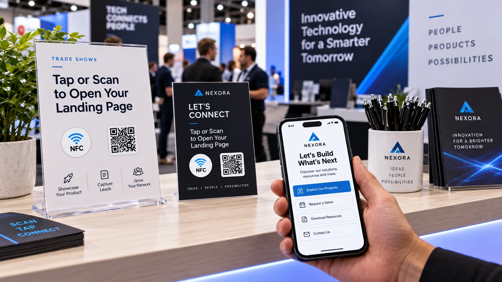 NFC- ja QR-tarrat messuille: Napauta tai skannaa avataksesi laskeutumissivun