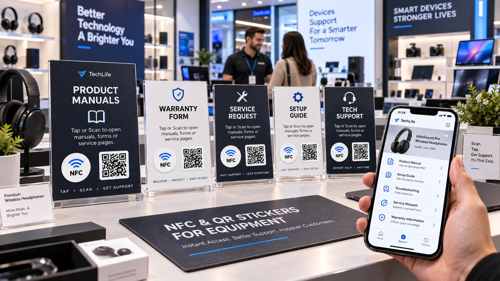 NFC- ja QR-tarrat laitteisiin: Napauta tai skannaa avataksesi k&auml;ytt&ouml;ohjeet, lomakkeet tai huoltosivut