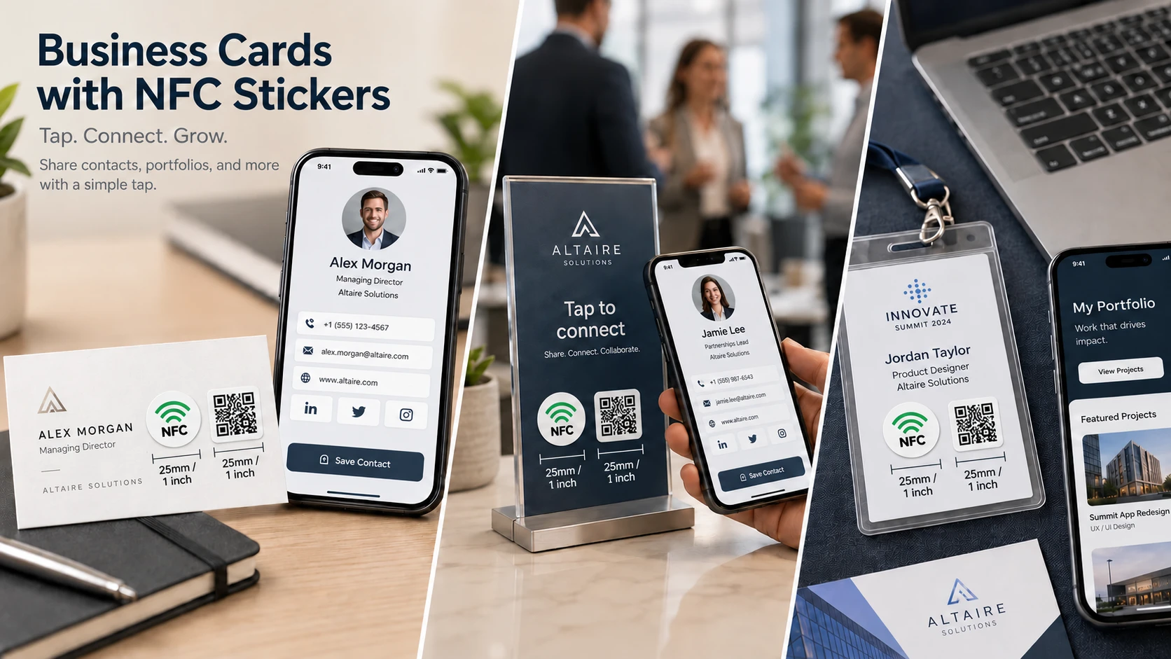 NFC and QR Code stickers arranged with business card materials for sharing contact profiles and digital business cards with a tap or scan.
