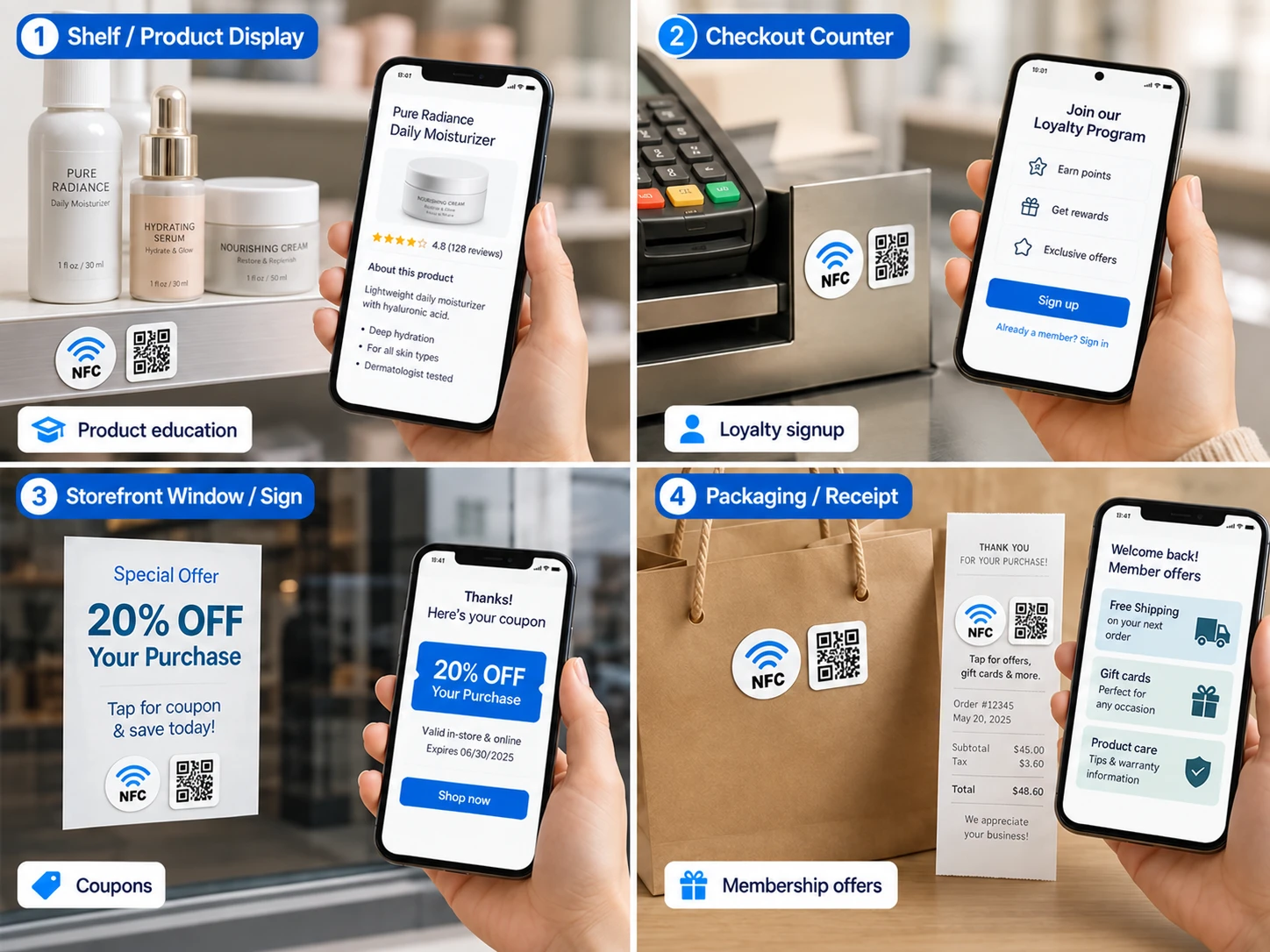 Retail loyalty scene showing NFC and QR Code stickers linked to coupons, gift card details, and promotional landing pages.