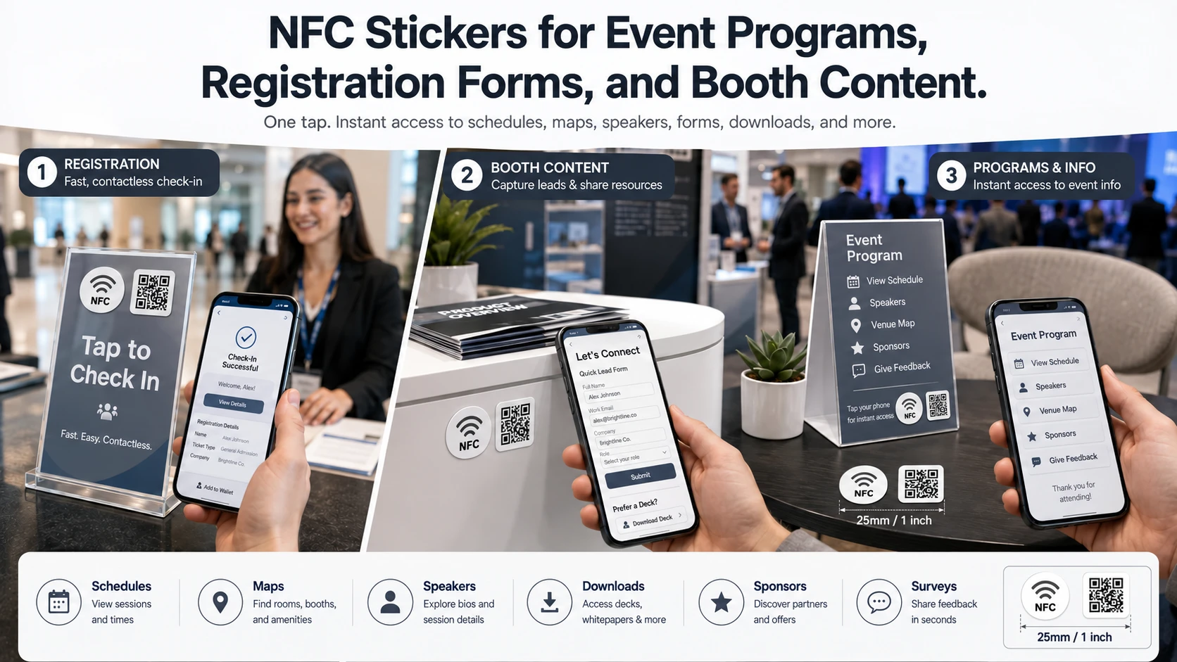NFC- en QR-codestickers voor evenementprogramma's, registratieformulieren en standcontent