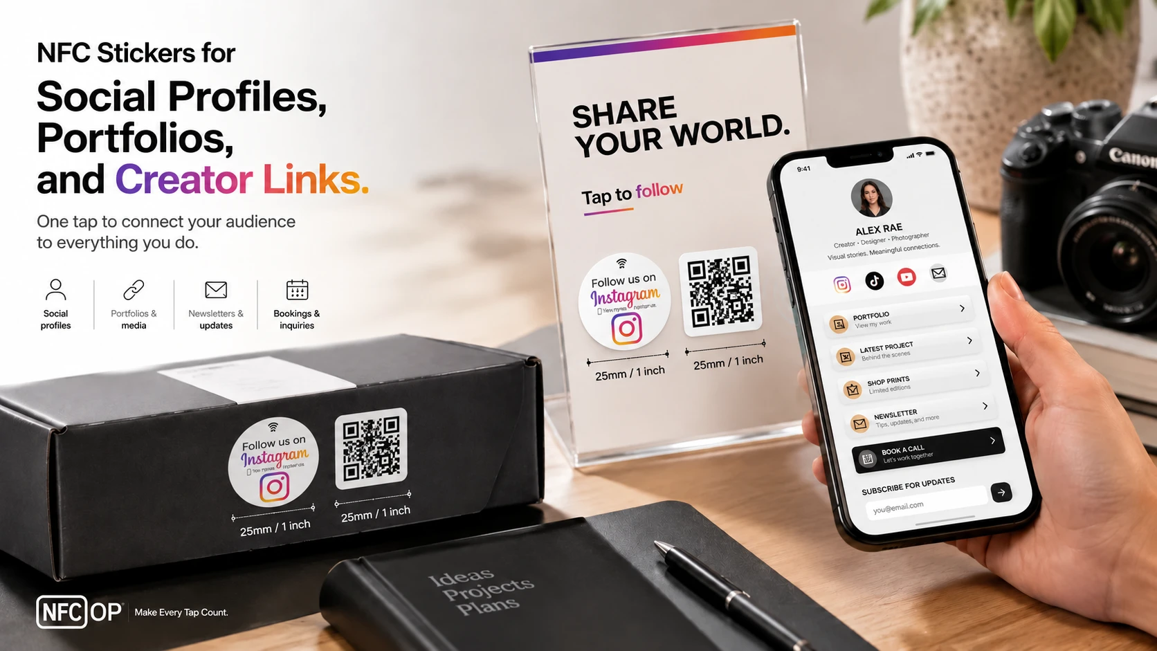 Social media NFC and QR Code sticker scene showing a tap or scan point that opens an Instagram or creator profile.