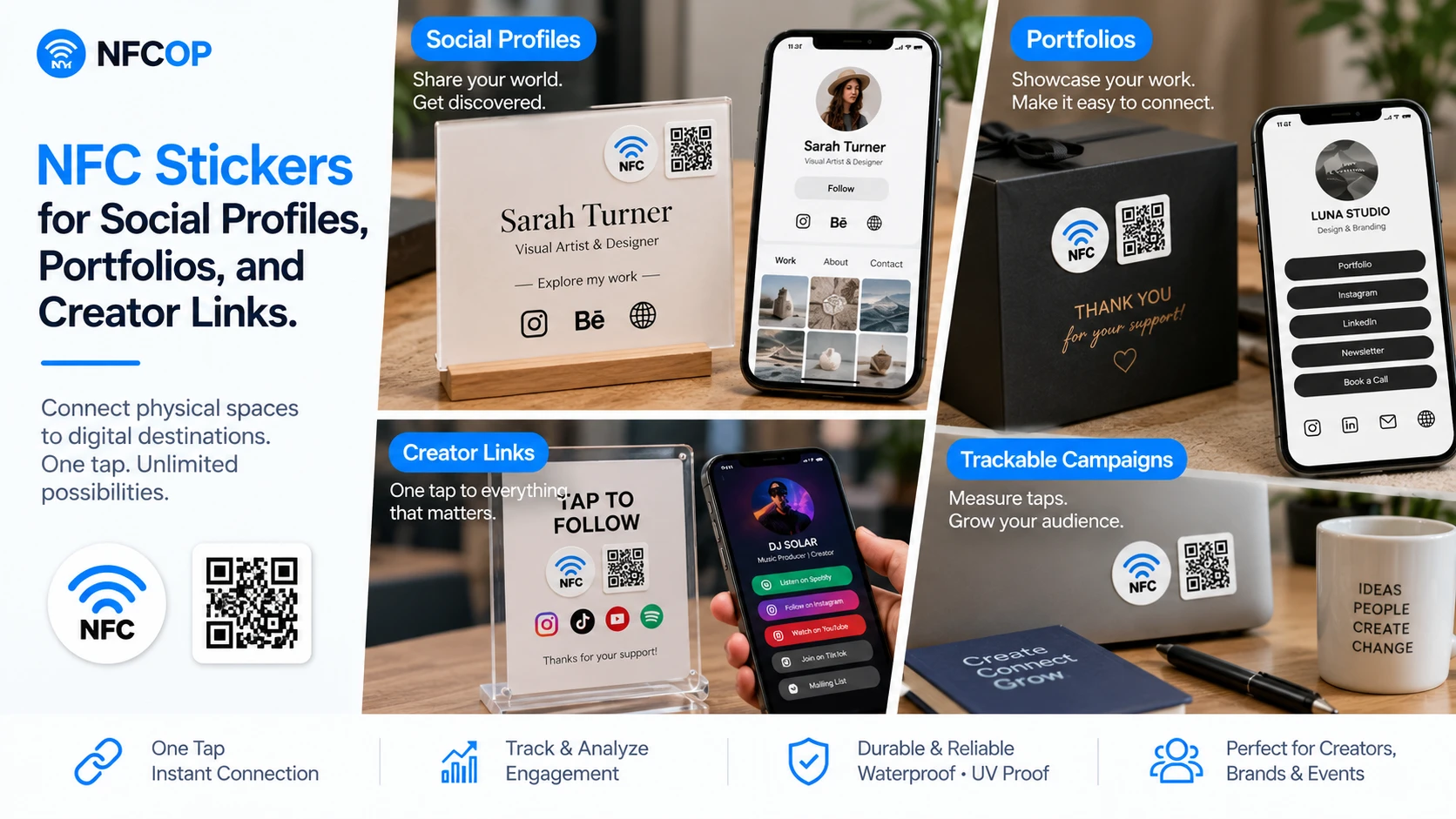 Social media NFC and QR Code sticker set for creators, brands, portfolios, and profile links.