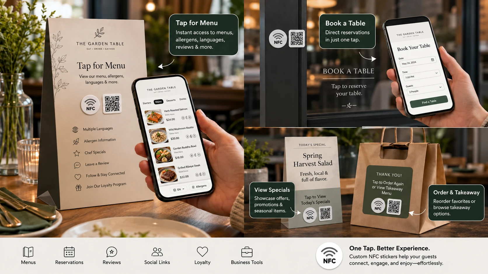 NFC- ja QR-kooditarrat ravintoloiden ruokalistoihin ja varaussivuille