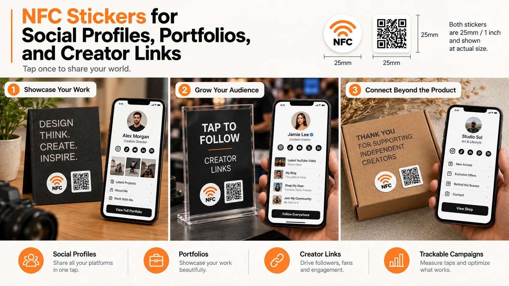 NFC- ja QR-kooditarrat someprofiileihin, portfolioihin ja sis&auml;ll&ouml;ntuottajien linkkeihin