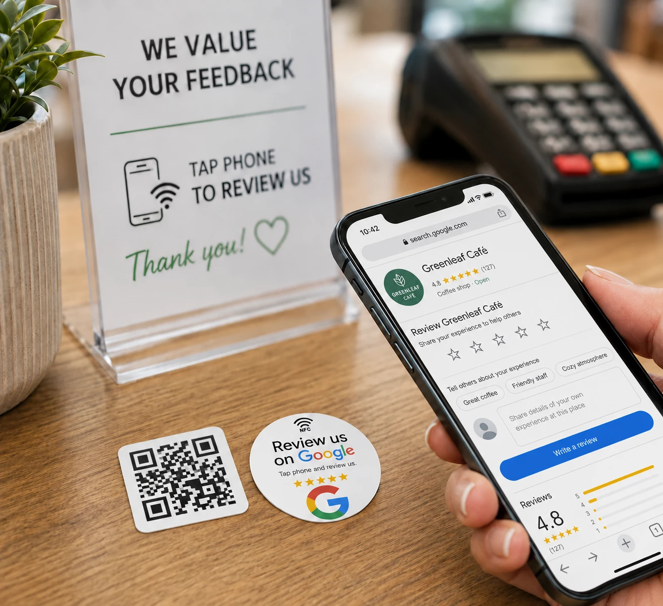 NFC- ja QR-kooditarrat Google-arvosteluihin ja asiakaspalautteeseen