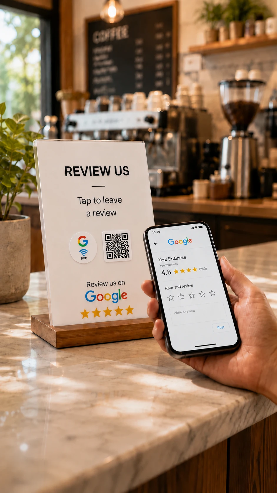Cafe counter scene showing a Google review NFC sticker touchpoint for customer feedback.