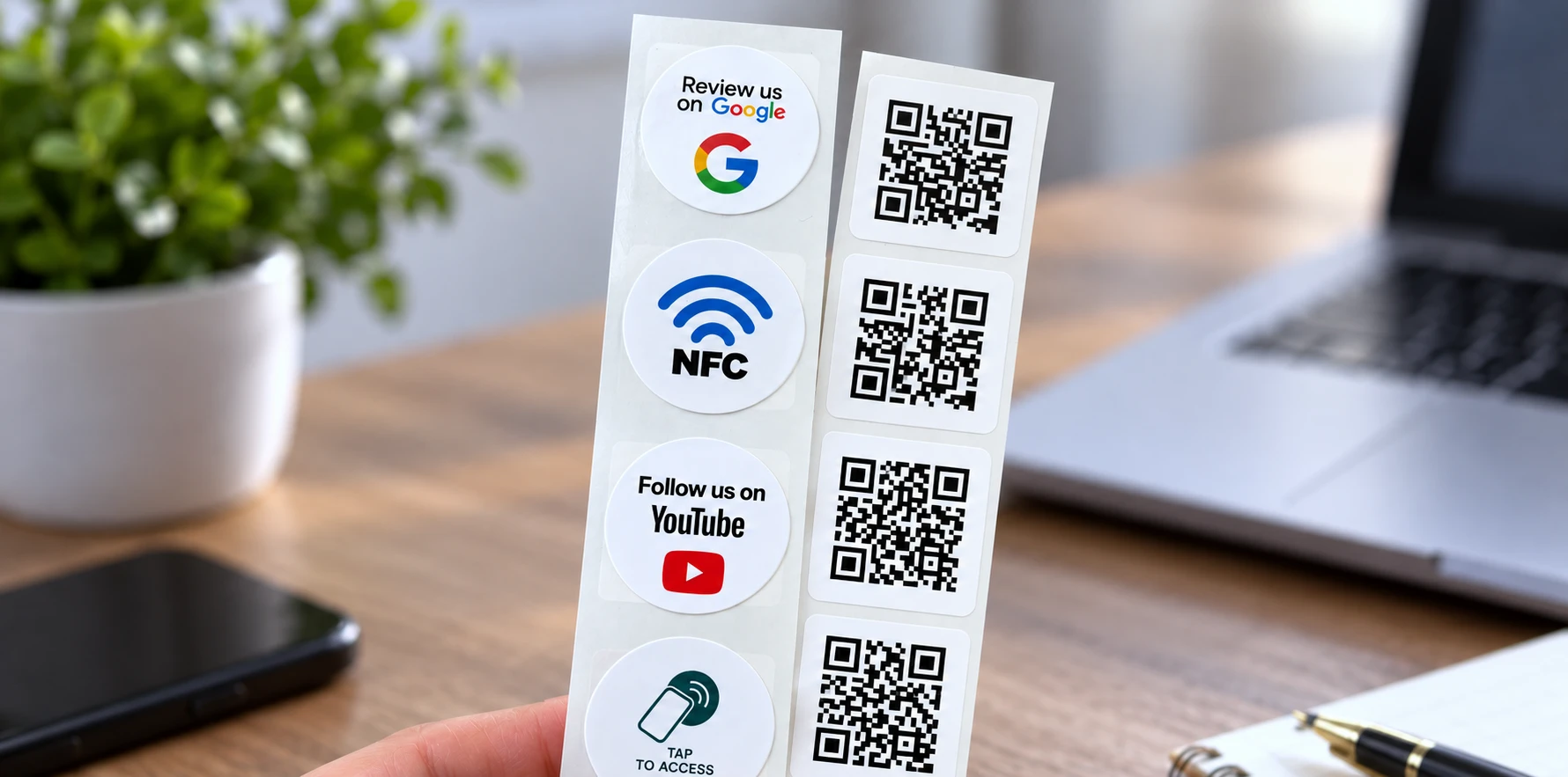 NFC and QR Code sticker examples showing tap and scan access to the same destination.